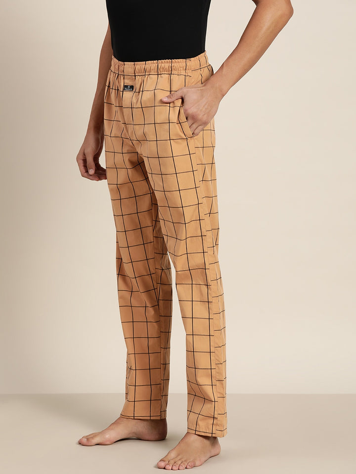 Men Beige Checks Pure Cotton Relaxed Fit Casual Lounge Pant