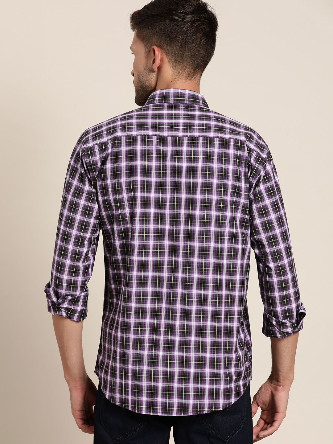 Men Mauve & Black Checked Pure Cotton Slim Fit Casual Shirt