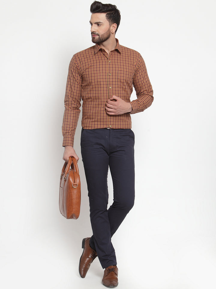 Men Mustard & Navy Pure Cotton Checked Slim Fit Formal Shirt