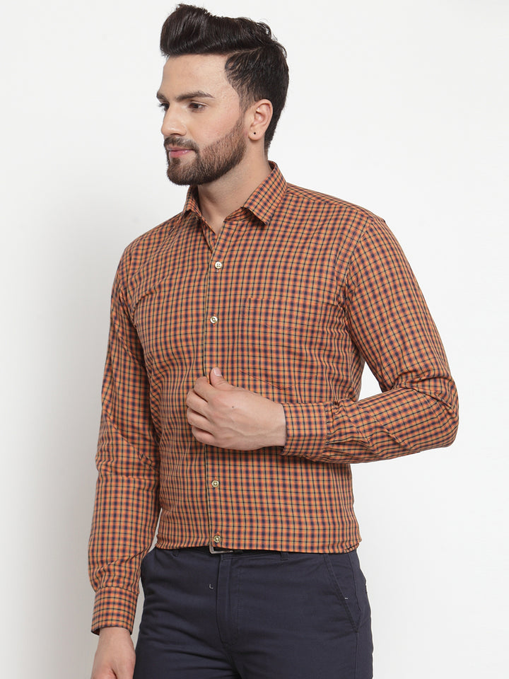 Men Mustard & Navy Pure Cotton Checked Slim Fit Formal Shirt