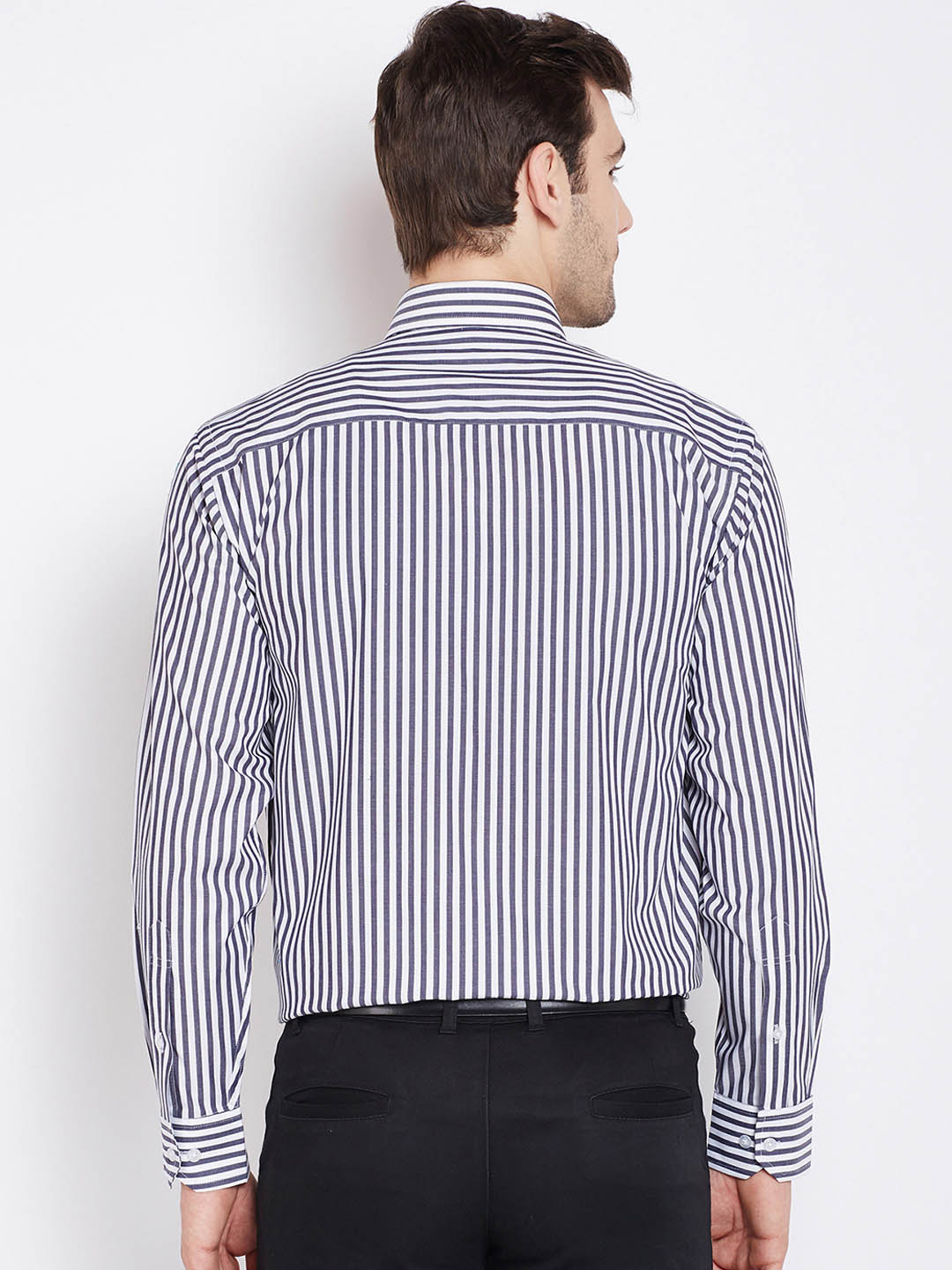 Men Grey & White Pure Cotton Striped Regular Fit Formal Shirt