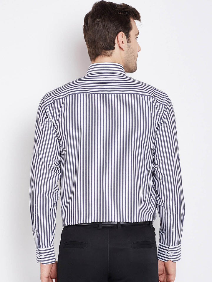 Men Grey & White Pure Cotton Striped Regular Fit Formal Shirt