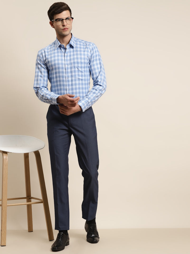 Men Blue Checked Pure Cotton Slim Fit Formal Shirt