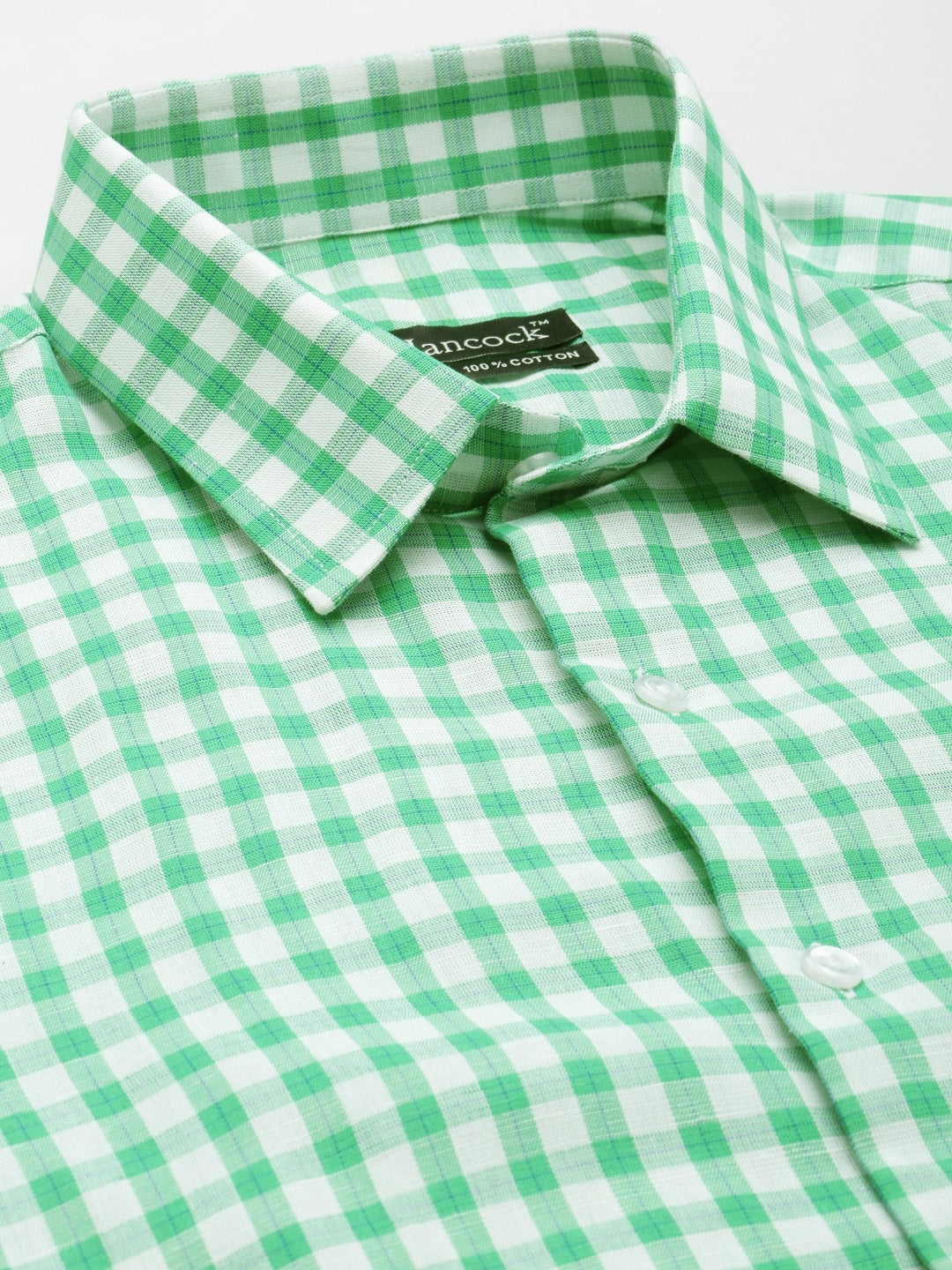 Men Green & White Checked Pure Cotton Short Sleeve Slim Fit Formal Shirt