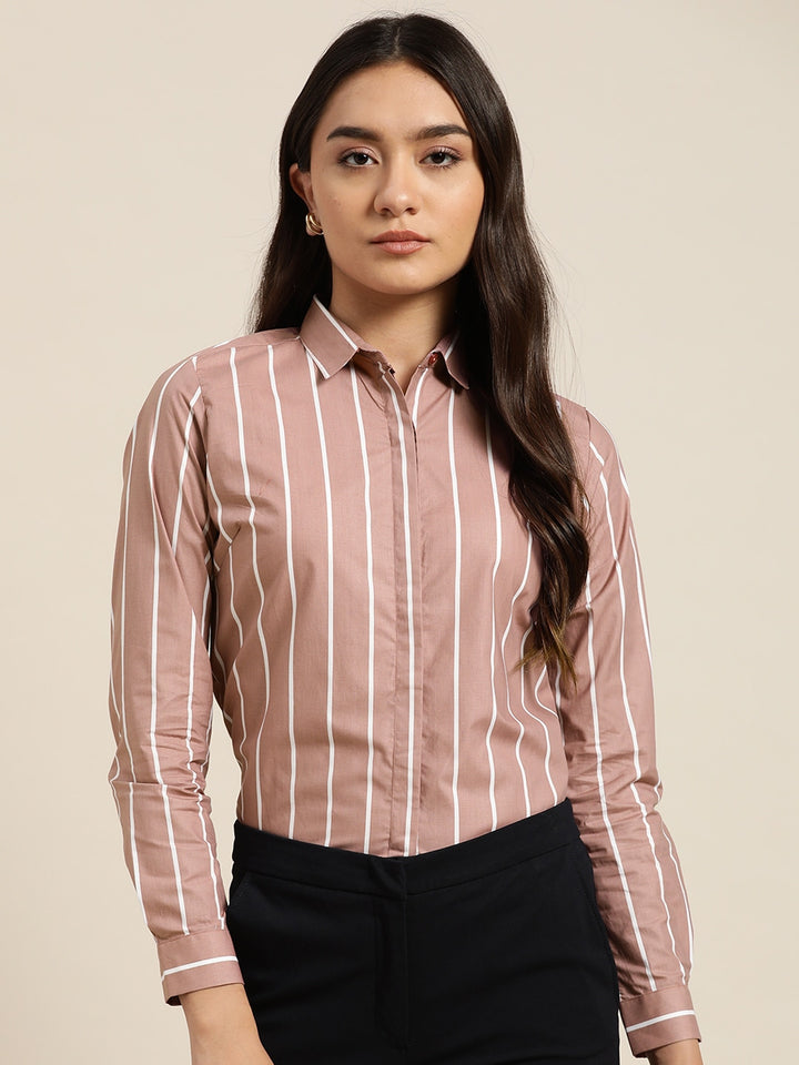 Women Coral Stripes Pure Cotton Slim Fit Formal Shirt