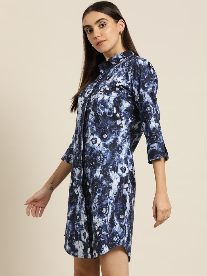 Women Blue & Navy Prints Pure Cotton Regular Fit Formal Dress