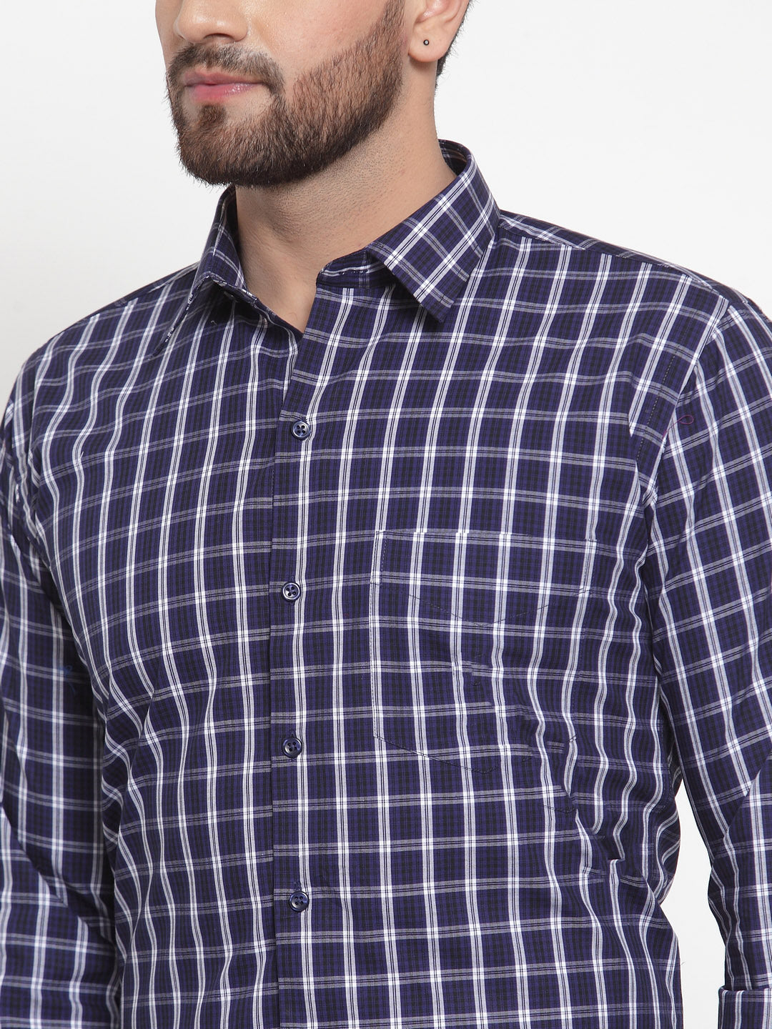 Men Navy Pure Cotton Checked Slim Fit Formal Shirt