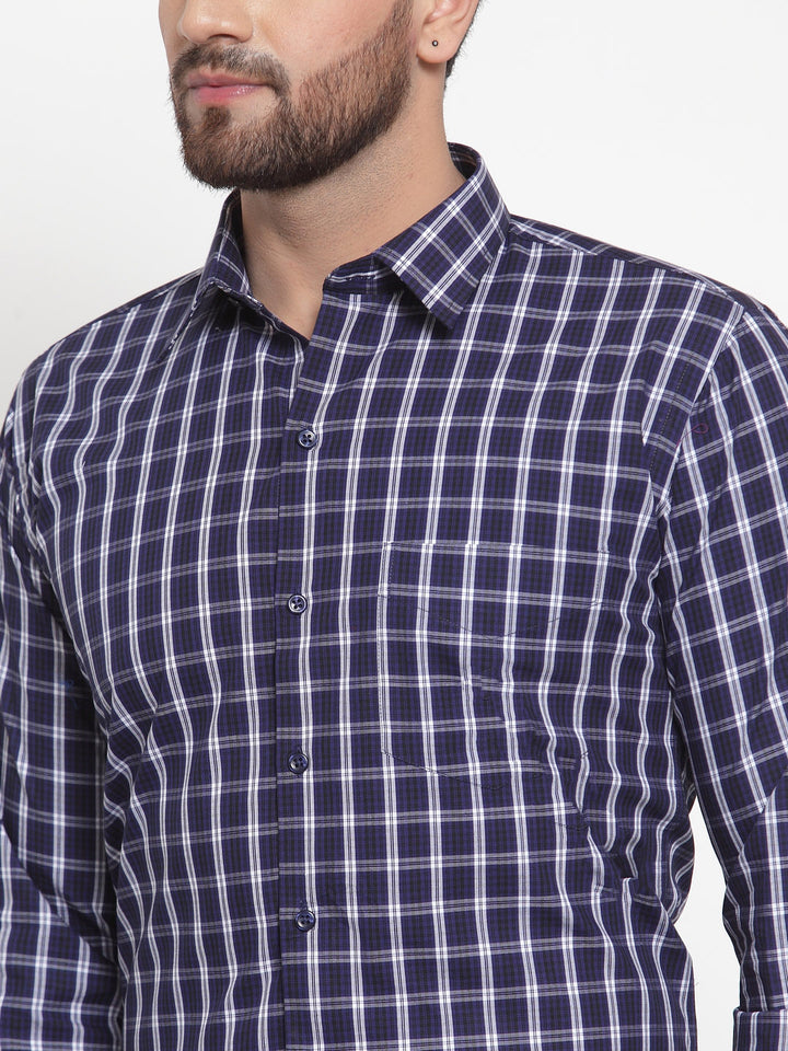 Men Navy Pure Cotton Checked Slim Fit Formal Shirt