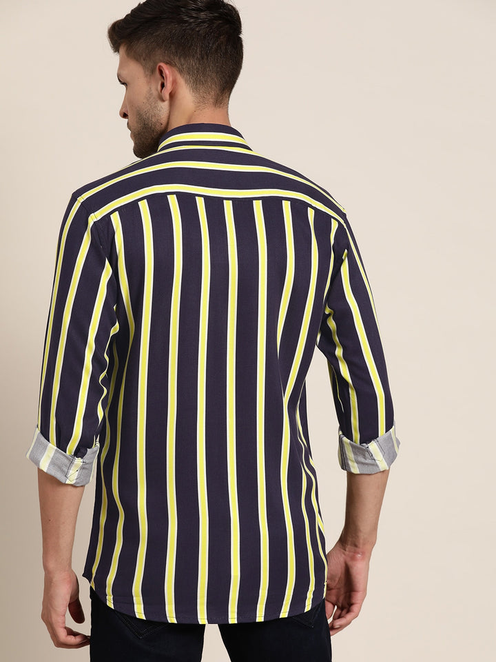 Men Navy & Yellow Striped Viscose Rayon Slim Fit Casual Shirt