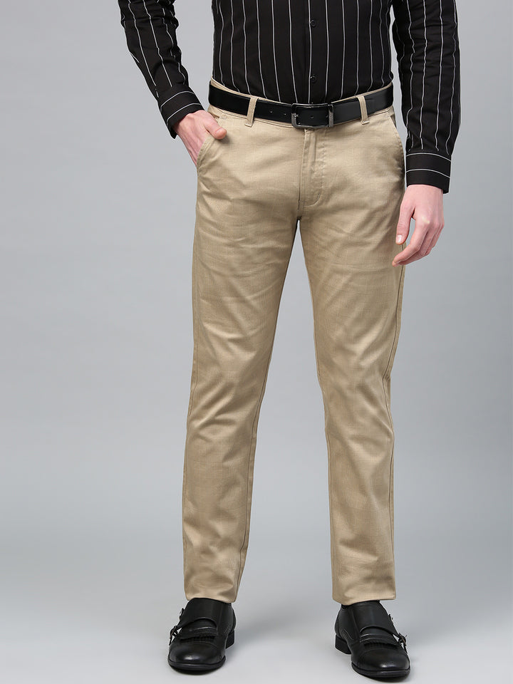 Men Beige Cotton Checked Slim Fit Casual Trouser