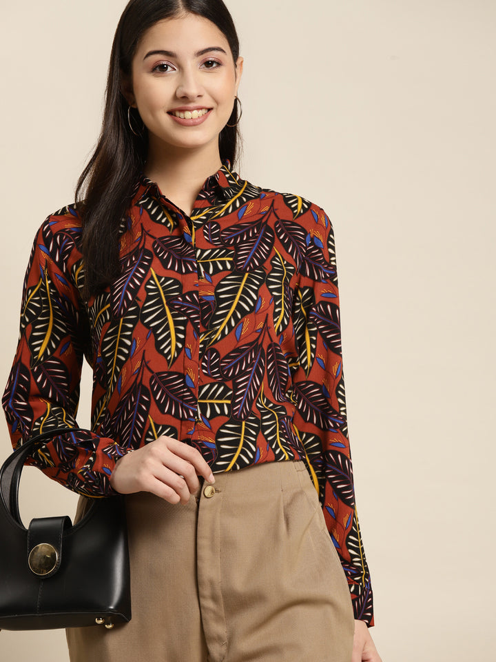 Women Black & Orange Printed Viscose Rayon Slim Fit Formal Shirt