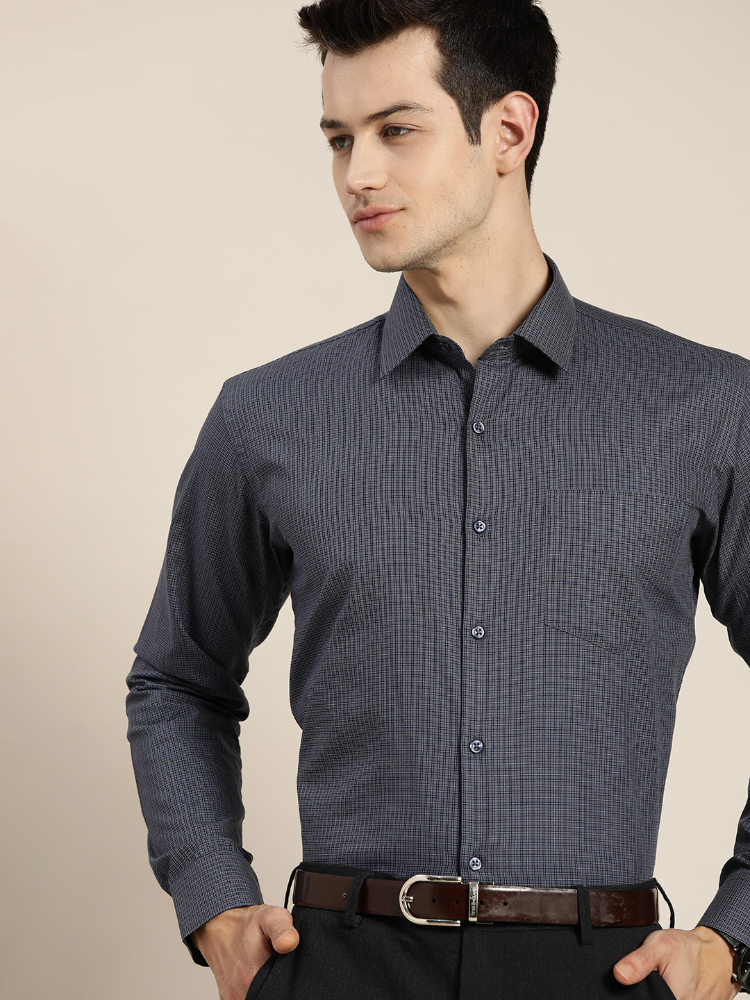 Men Grey Checks Pure Cotton Slim Fit Formal Shirt