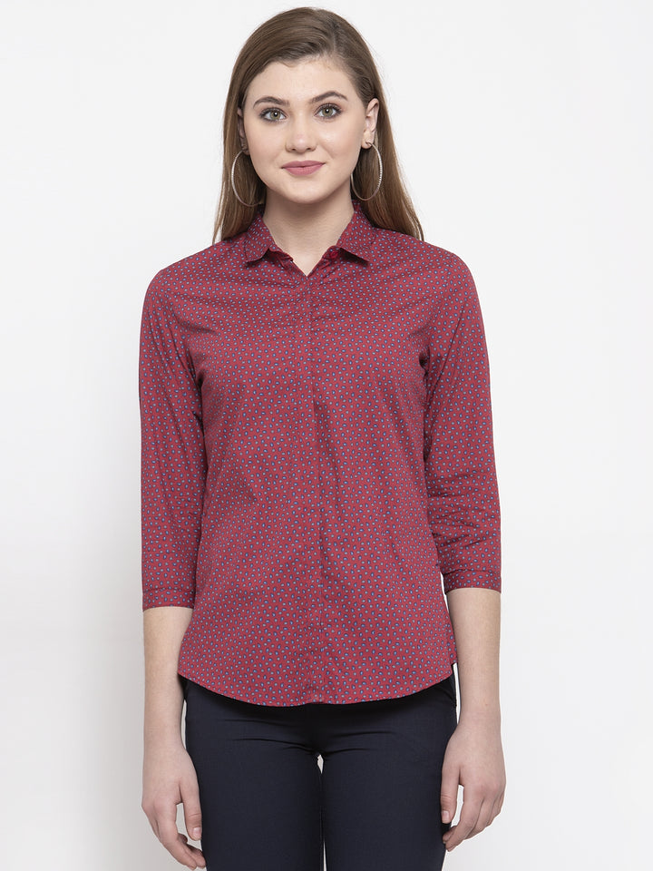 Women Red Pure Cotton Printed Slim Fit Formal Shirt