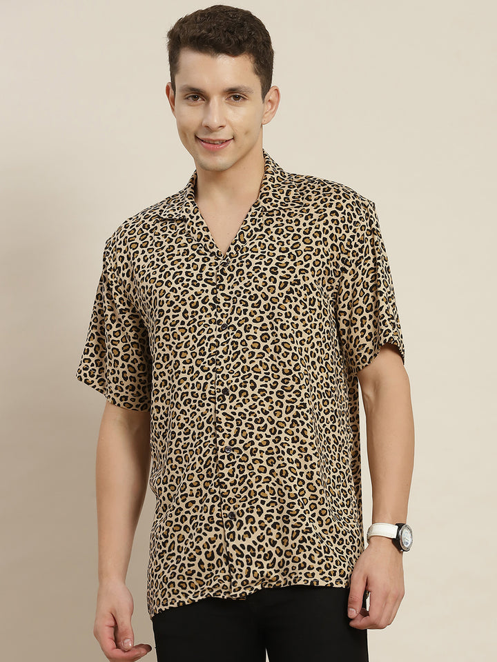 Men Beige & Black Leapord Printed Viscose Rayon Relaxed Fit Casual Resort Shirt