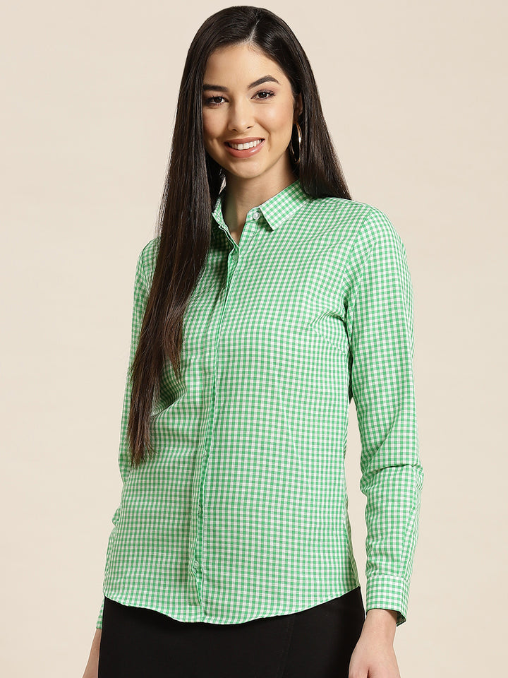 Women Green & White Checks Pure Cotton Slim Fit Formal Shirt