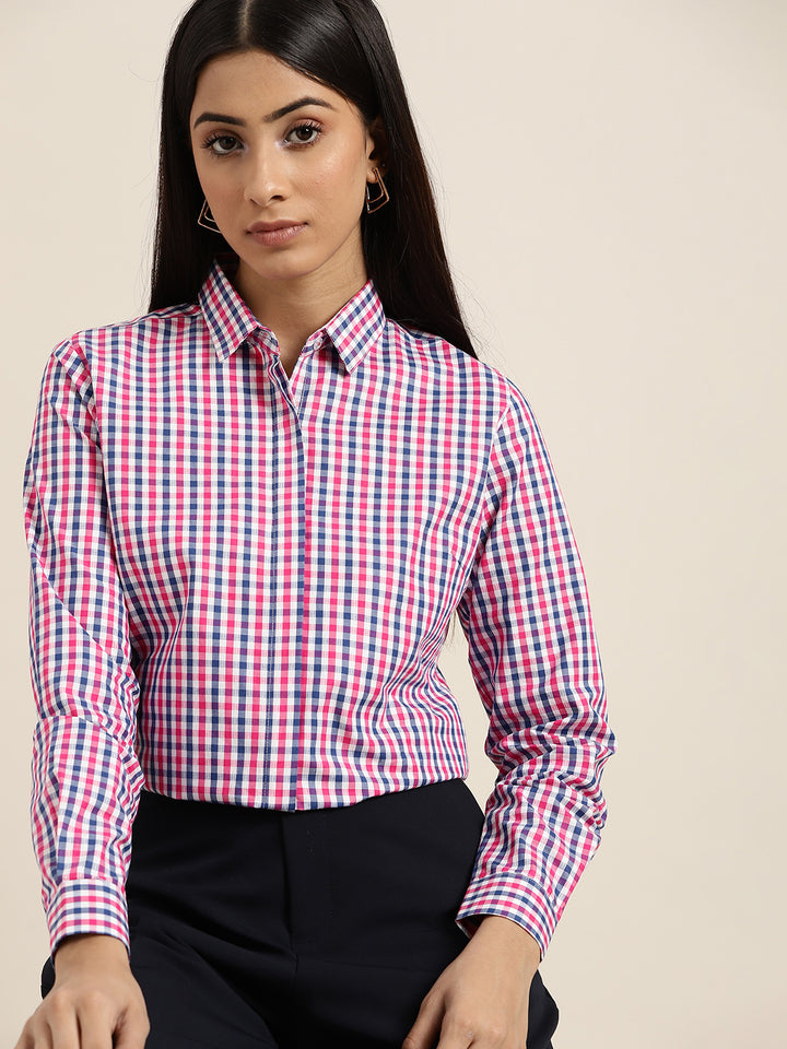 Women White & Pink Checks Pure Cotton Slim Fit Formal Shirt