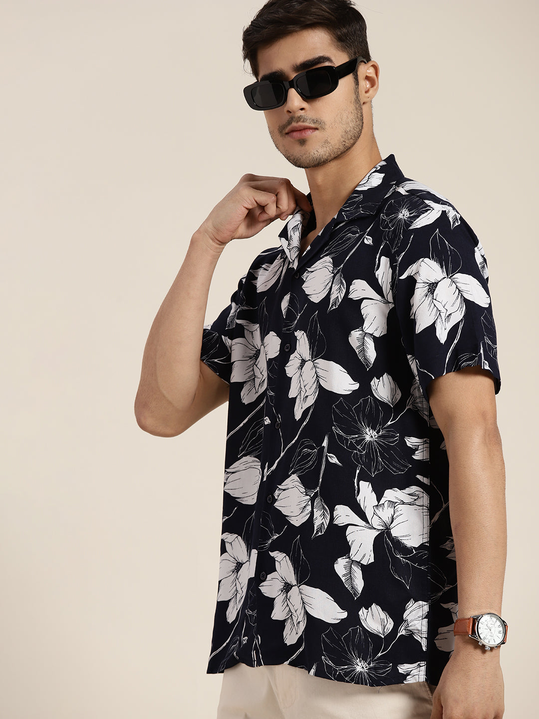 Men Navy Printed Viscose Rayon Relaxed Fit Casual Resort Shirt