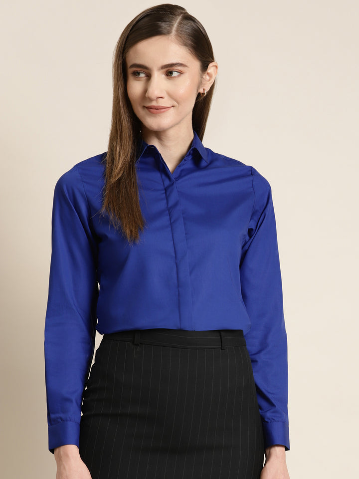 Women Royal Blue Solid Pure Cotton Slim Fit Formal Shirt