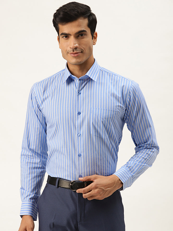 Men Blue Stripes Pure Cotton Slim Fit Formal Shirt