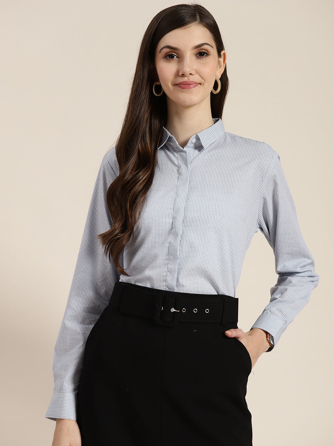 Women White & Blue Checked Pure Cotton Regular Fit Formal Shirt