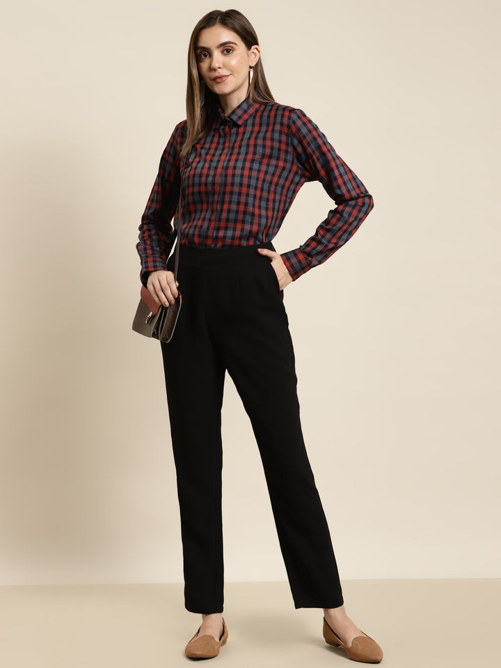 Women Navy & Red Checked Pure Cotton Regular Fit Formal Shirt