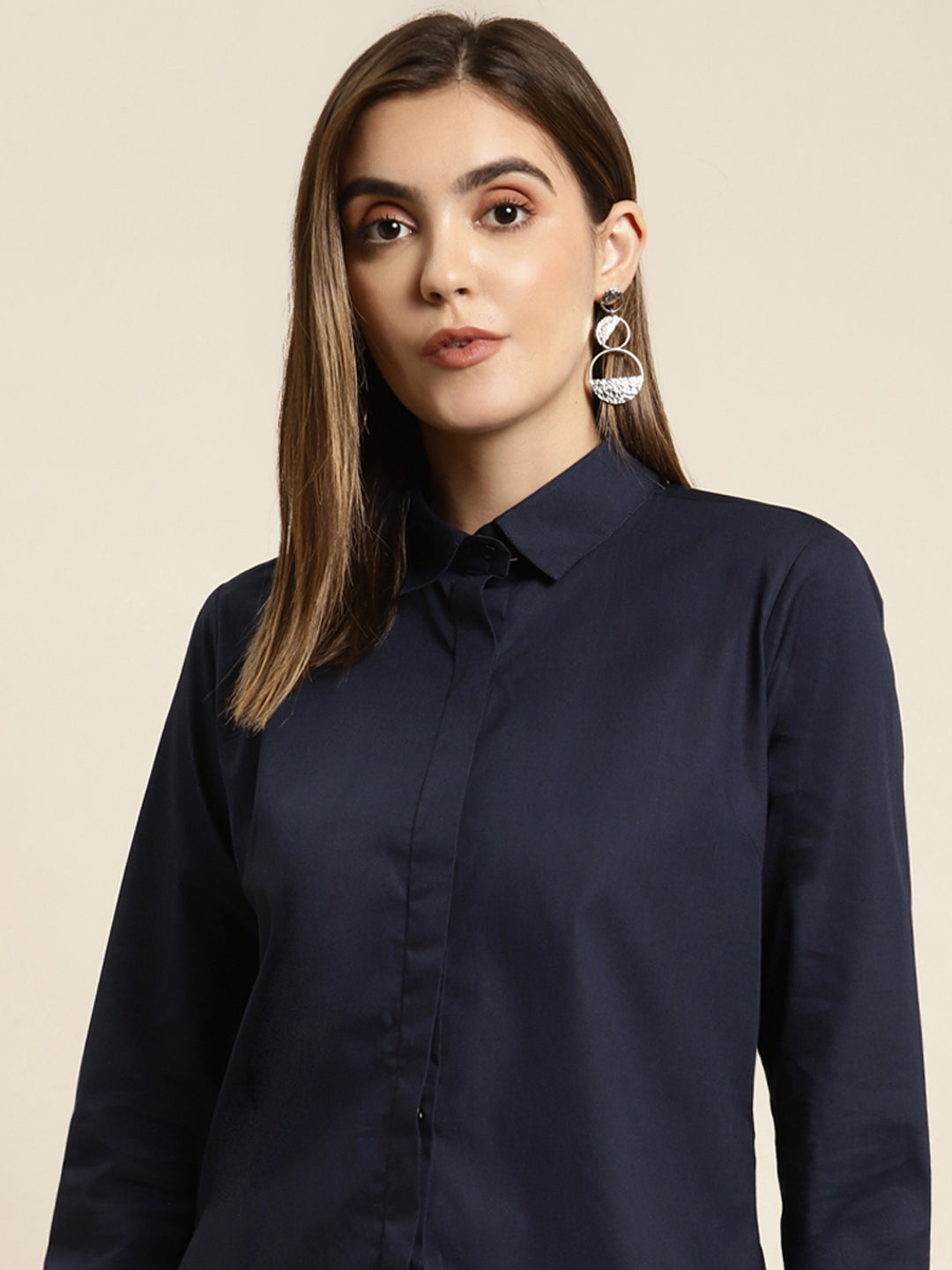 Women Navy Solid Pure Cotton Regular Fit Formal Shirt