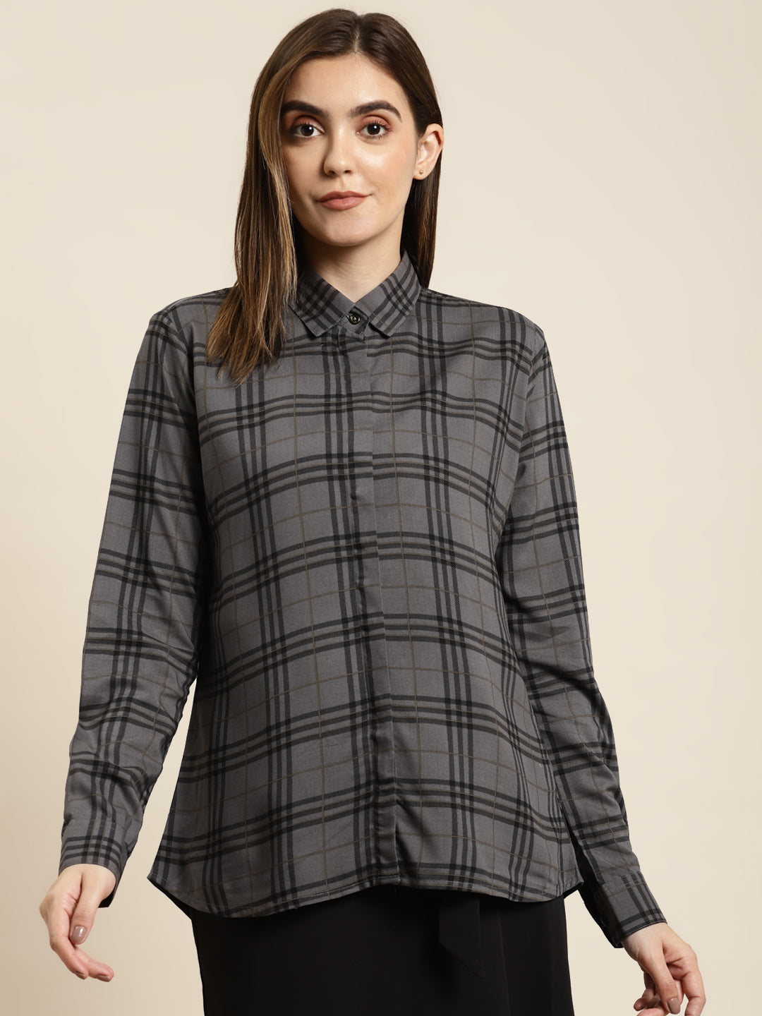Women Grey & Black Checked Viscose Rayon Regular Fit Formal Shirt