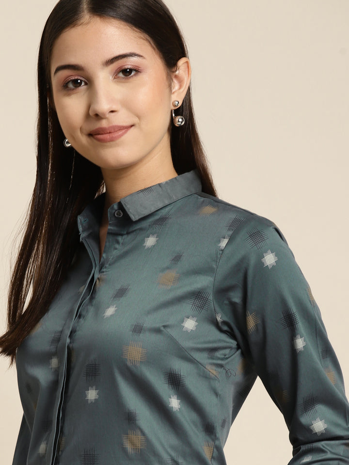 Women Bluish Grey Printed Pure Cotton Slim Fit Formal Shirt