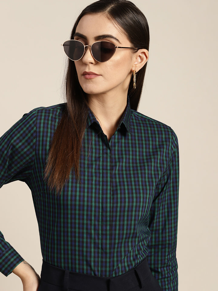 Women Navy & Green Checks Pure Cotton Slim Fit Formal Shirt