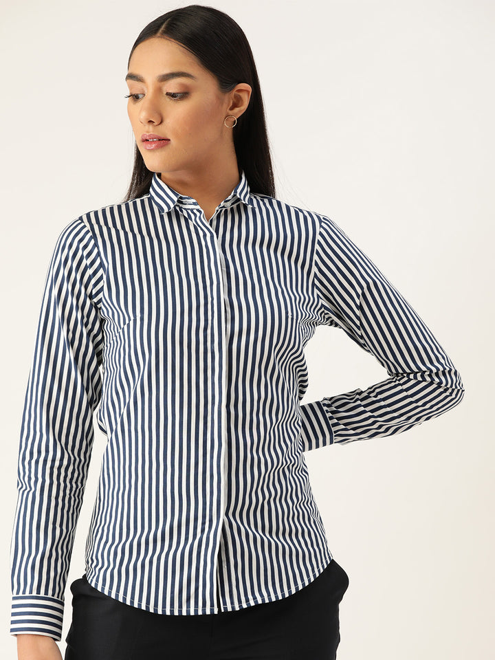 Women White & Navy Stripes Pure Cotton Slim Fit Formal Shirt