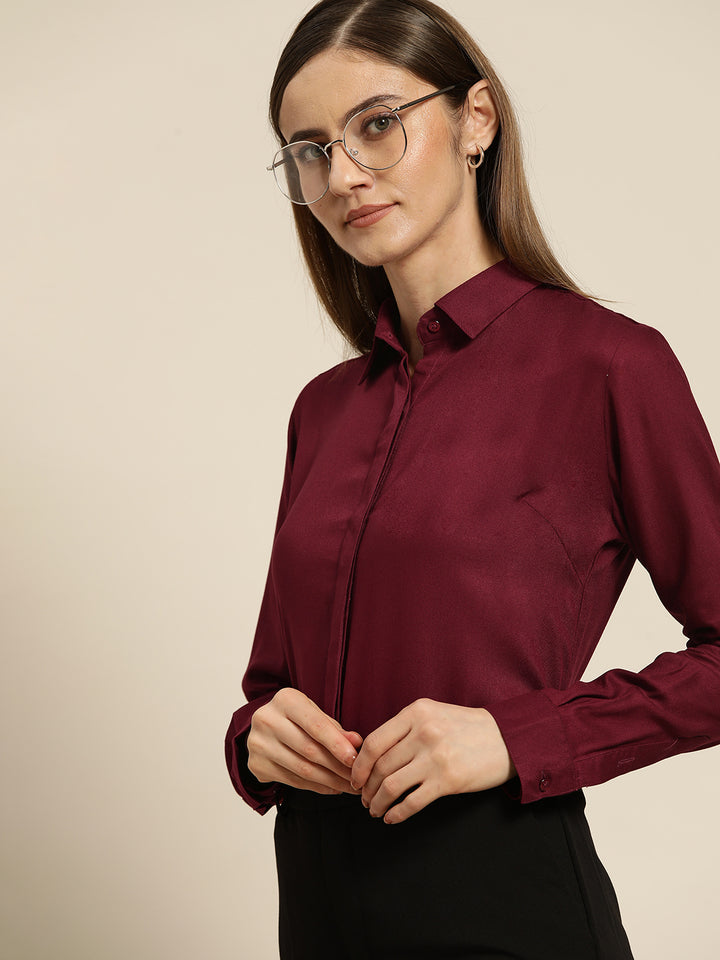 Women Burgundy Solid Viscose Rayon Regular Fit Formal Shirt