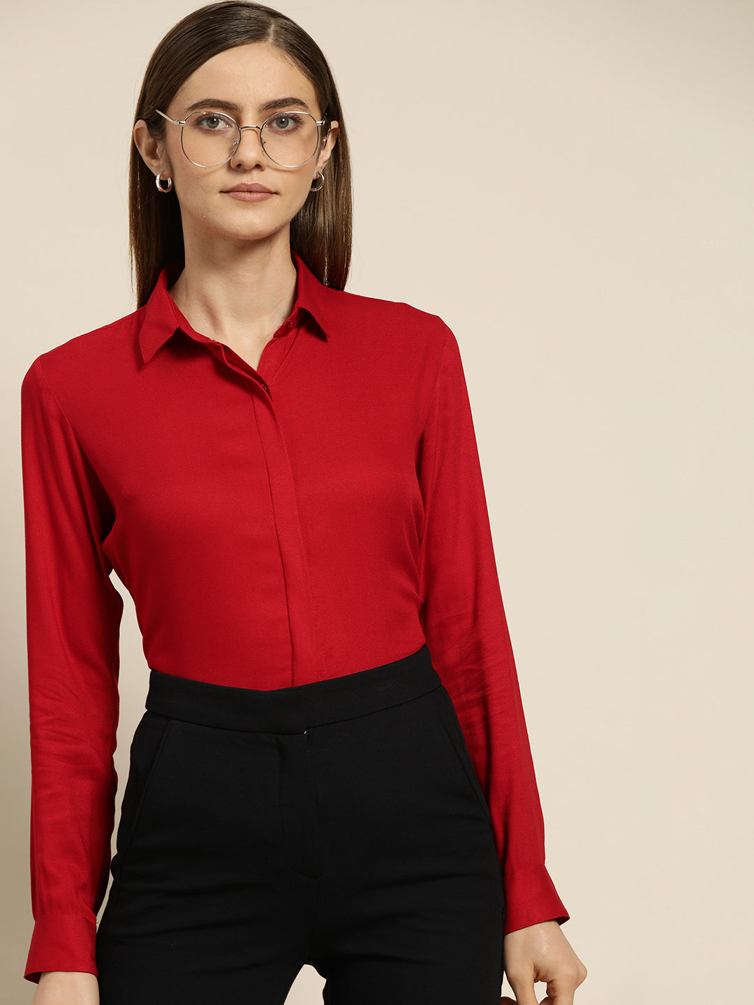 Women Red Solid Viscose Rayon Regular Fit Formal Shirt