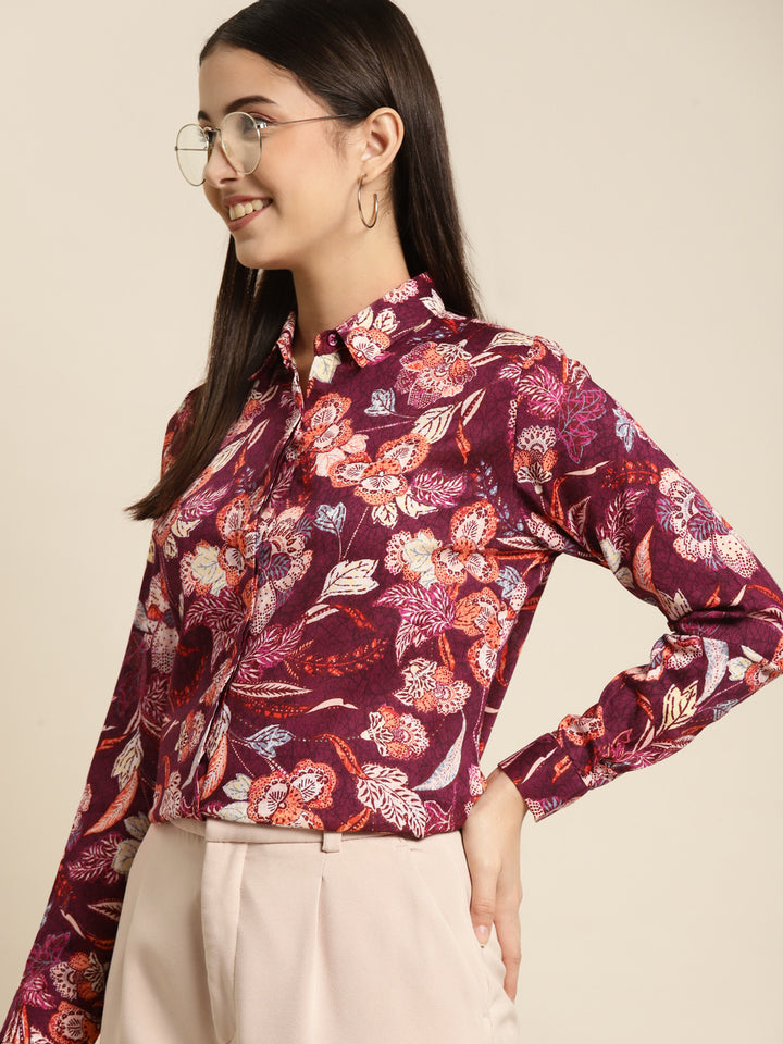 Women Burgundy Printed Viscose Rayon Slim Fit Formal Shirt