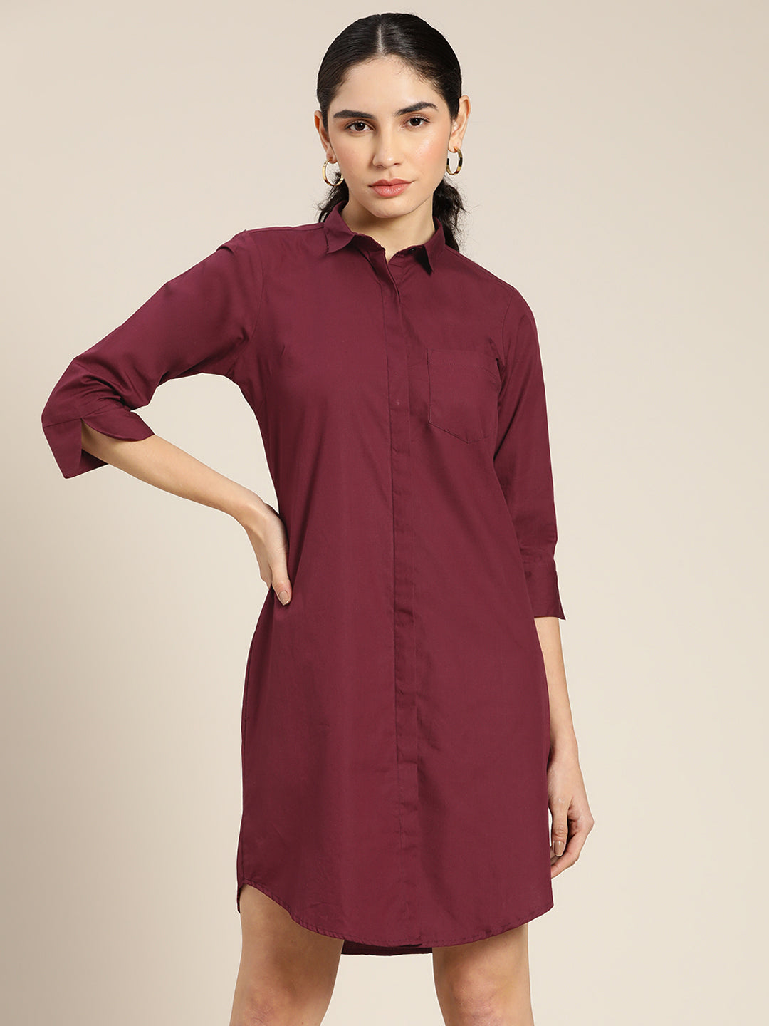 Women Wine Solid Pure Cotton Regular Fit Formal Dress