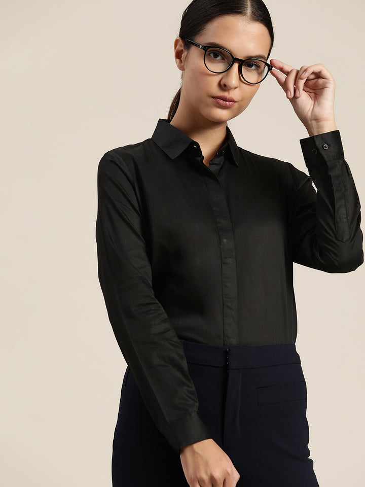 Women Black Solid Pure Cotton Satin Regular Fit Formal Shirt