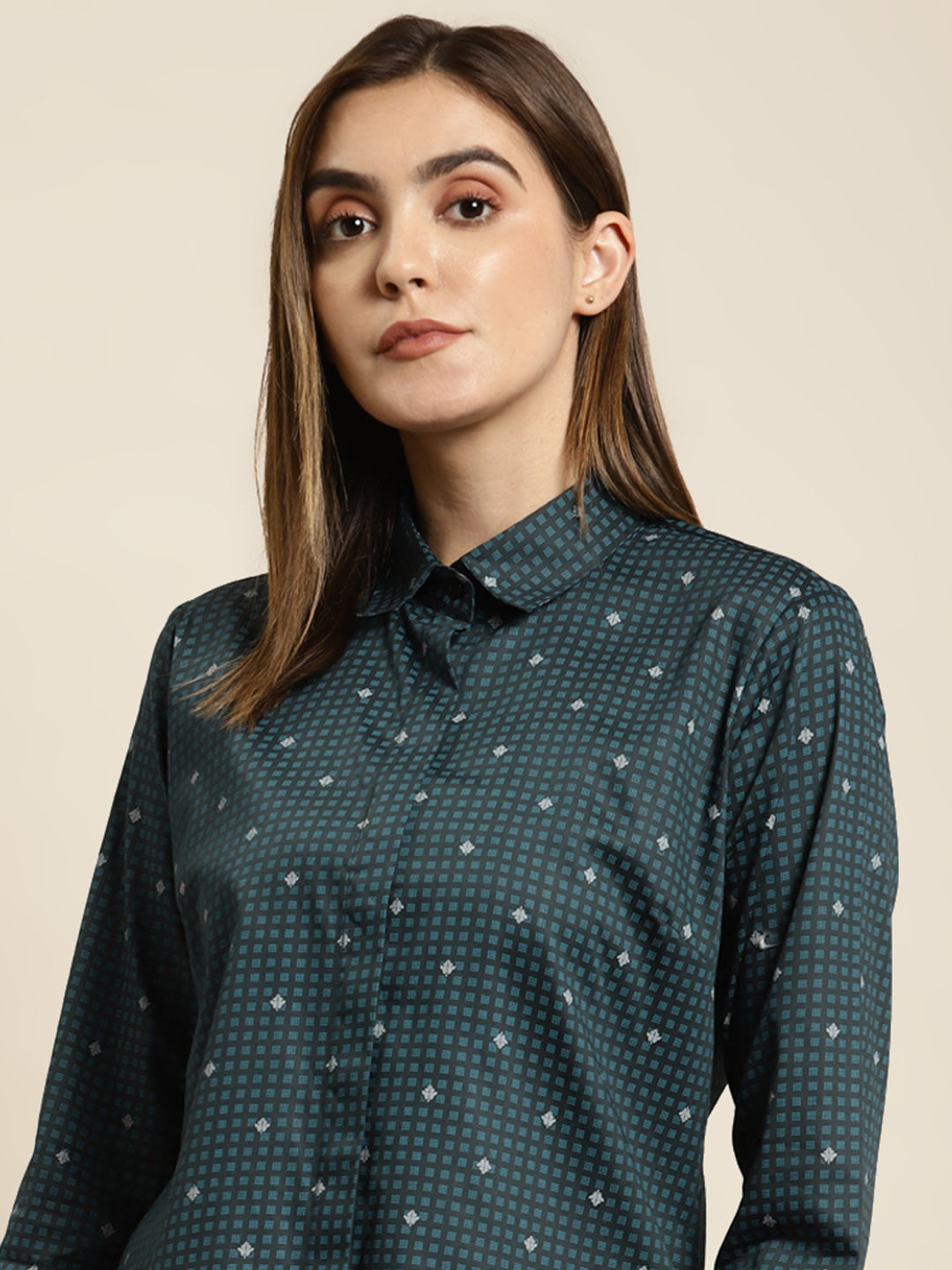 Women Navy Printed Pure Cotton Satin Regular Fit Formal Shirt