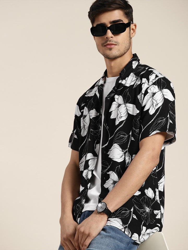 Men Black Printed Viscose Rayon Relaxed Fit Casual Resort Shirts