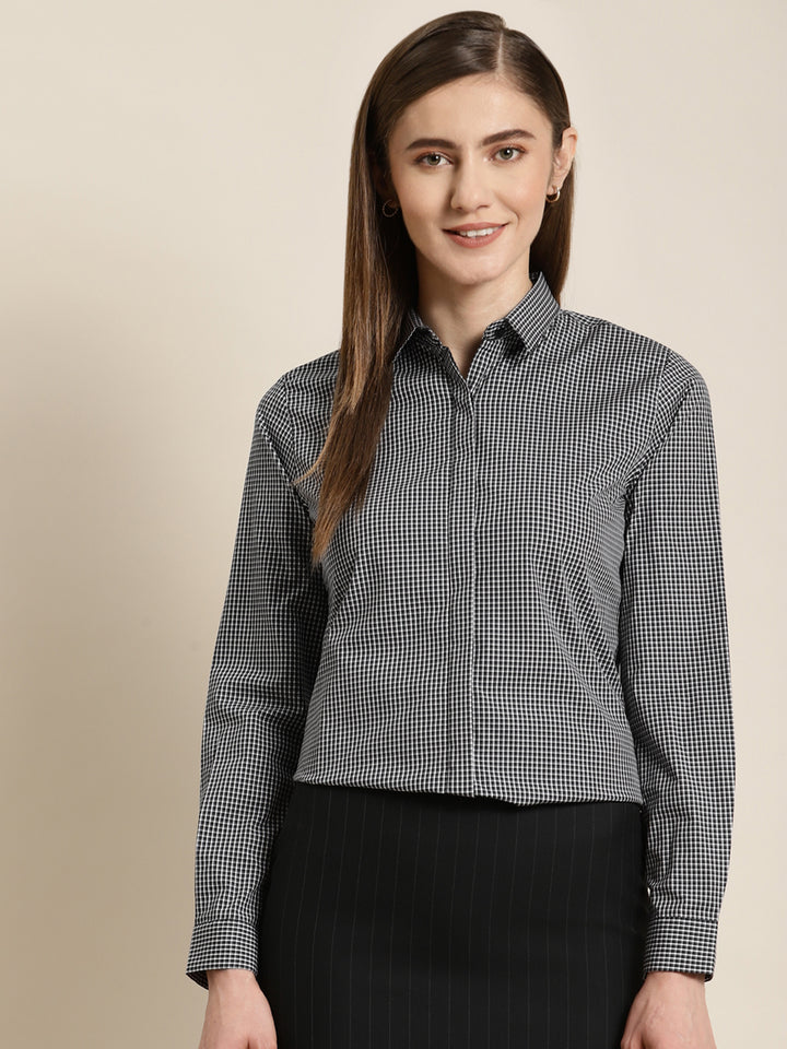 Women Grey Checked Pure Cotton Slim Fit Formal Shirt