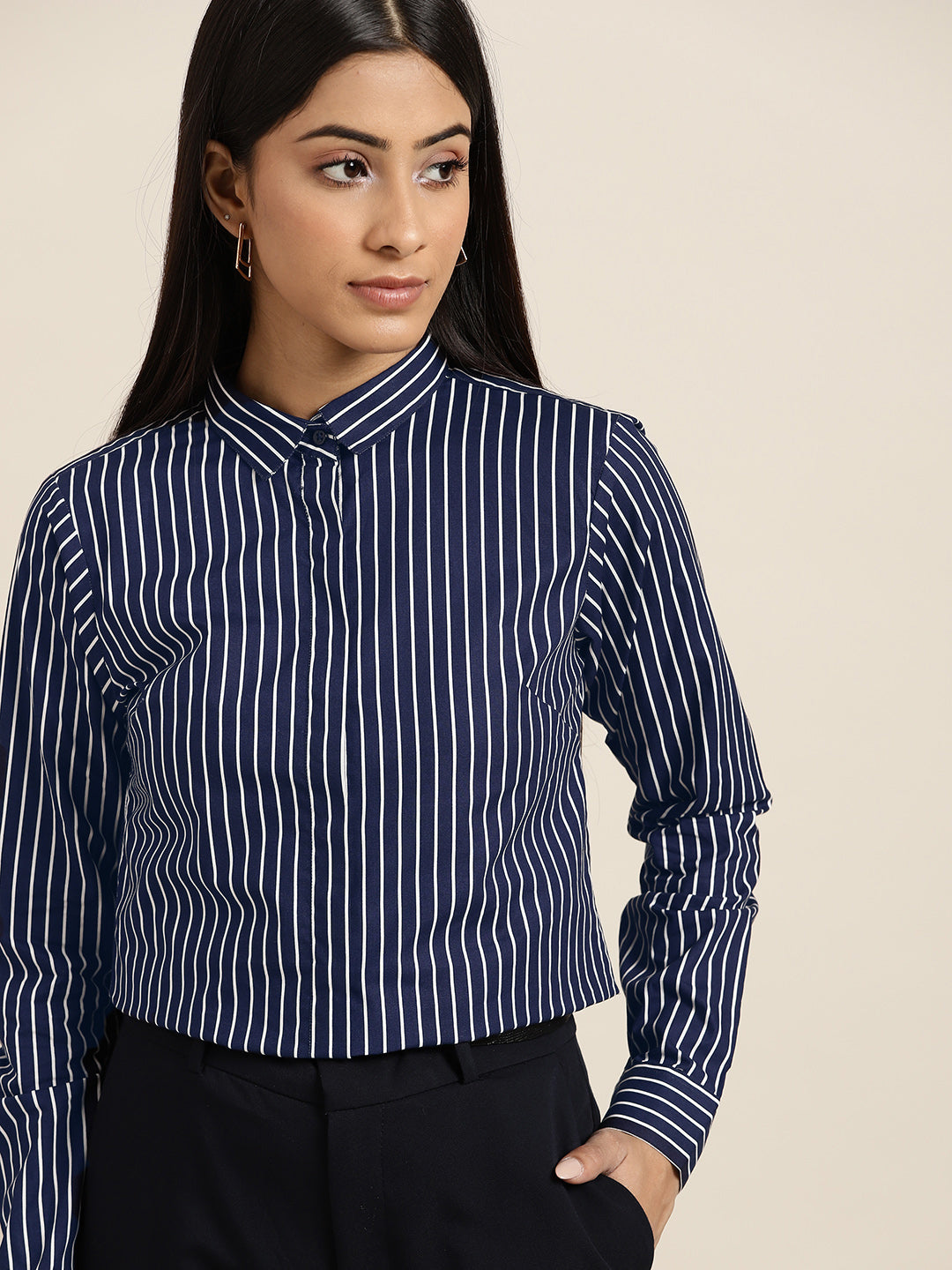 Women Navy Stripes Pure Cotton Slim Fit Formal Shirt