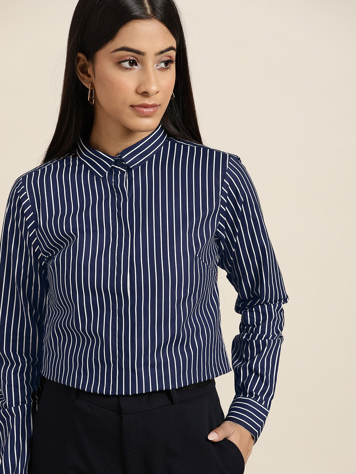 Women Navy Stripes Pure Cotton Slim Fit Formal Shirt