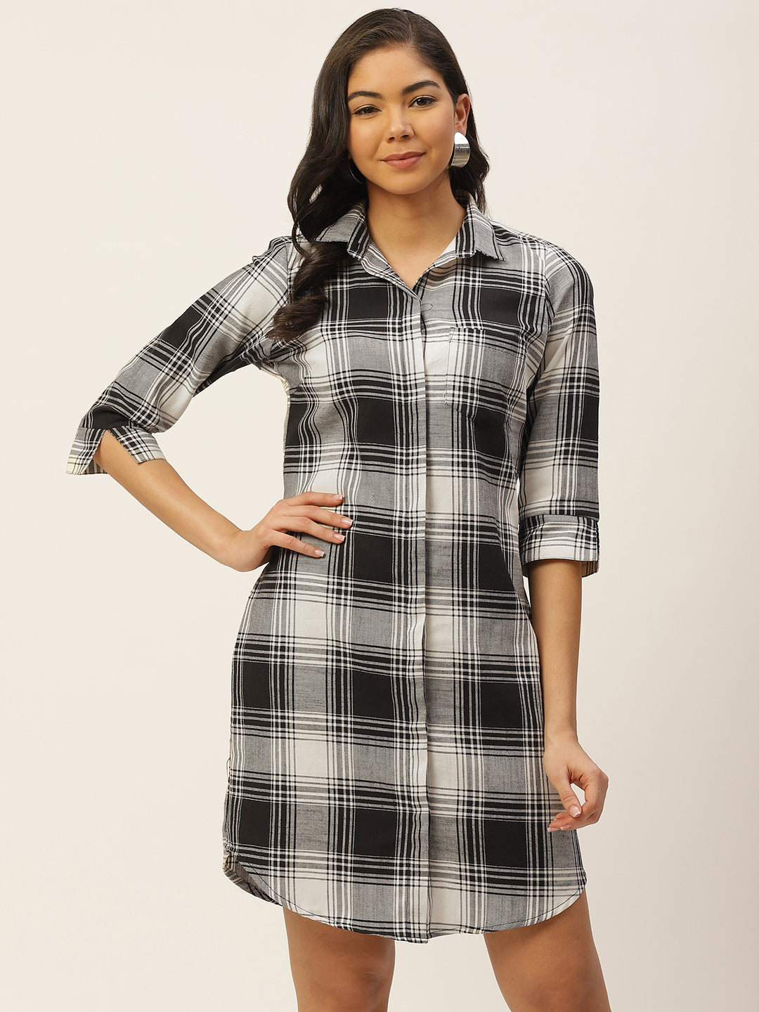 Women Black & White Checks Pure Cotton Regular Fit Formal Dress