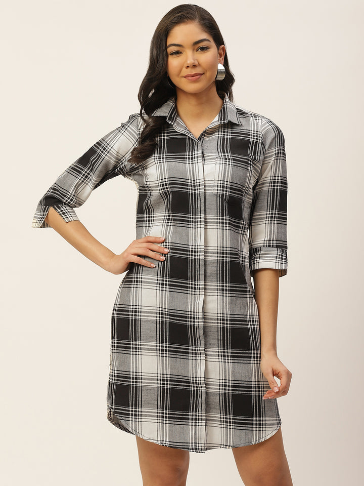 Women Black & White Checks Pure Cotton Regular Fit Formal Dress