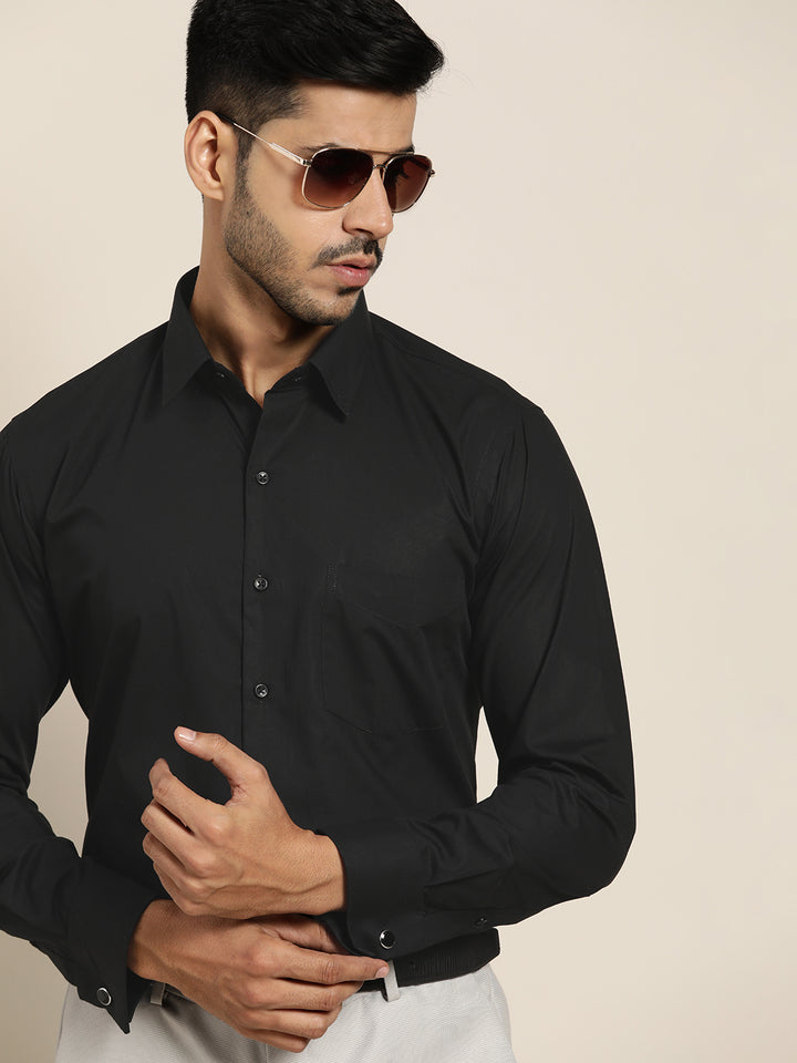 Men Black Solid Pure Cotton Slim Fit French Cuff Formal Shirts