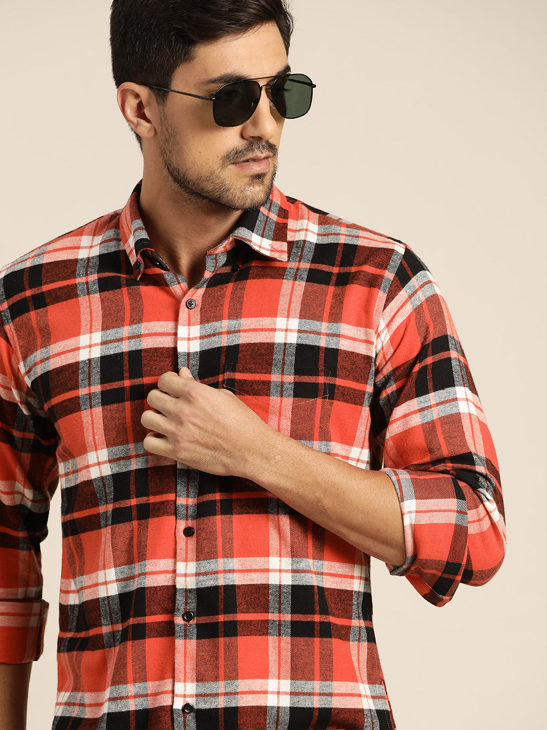 Men Red & Black Checked Pure Cotton Slim Fit Casual Shirt