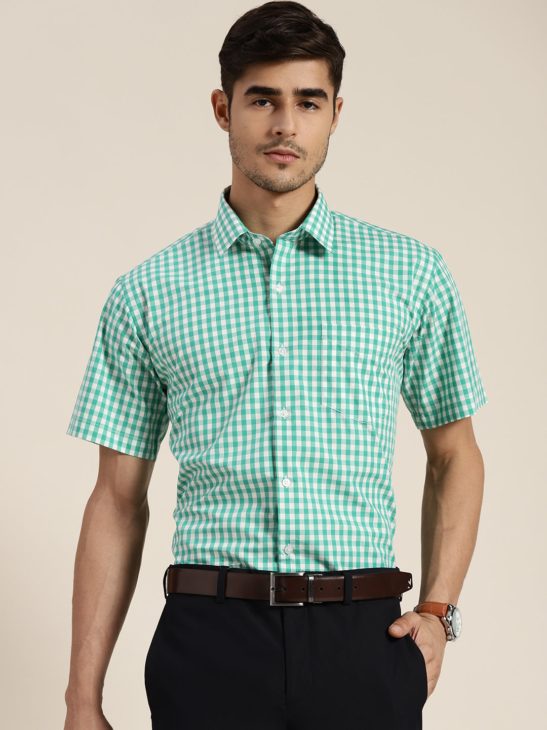 Men Green & White Checked Pure Cotton Slim Fit Formal Shirt