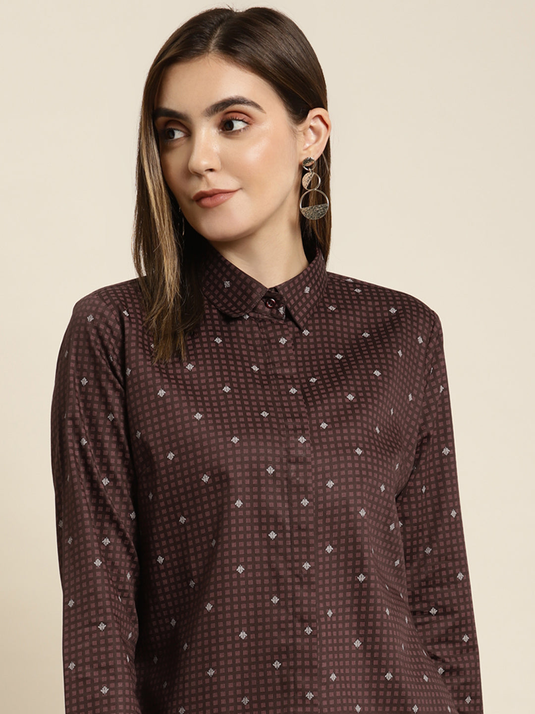 Women Burgundy Printed Pure Cotton Satin Regular Fit Formal Shirt