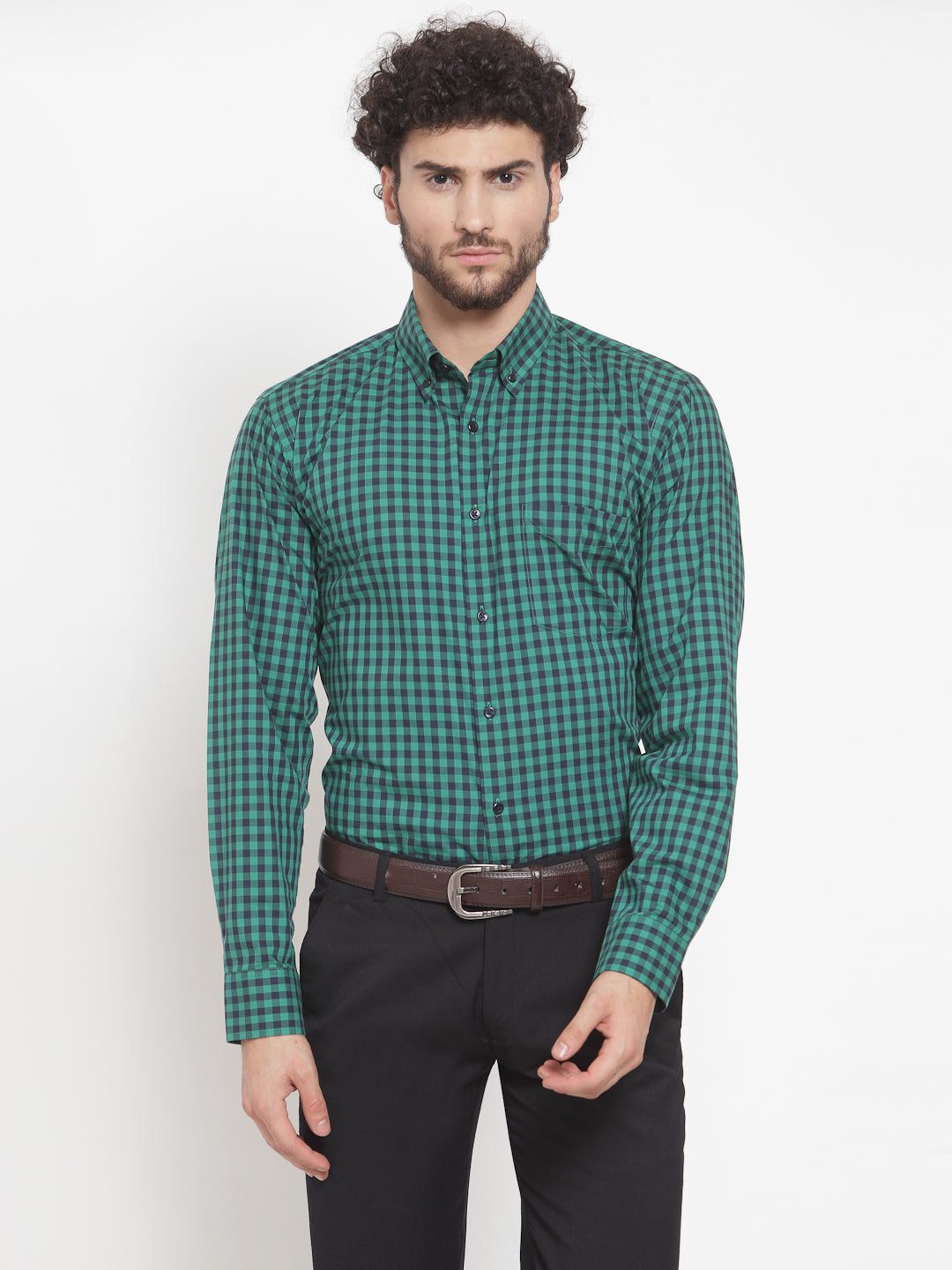 Men Green Pure Cotton Checked Button Down Collar Slim Fit Formal Shirt