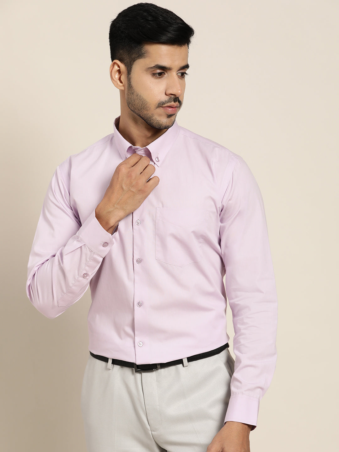 Men Lavender Solid Pure Cotton Slim Fit Formal Shirt