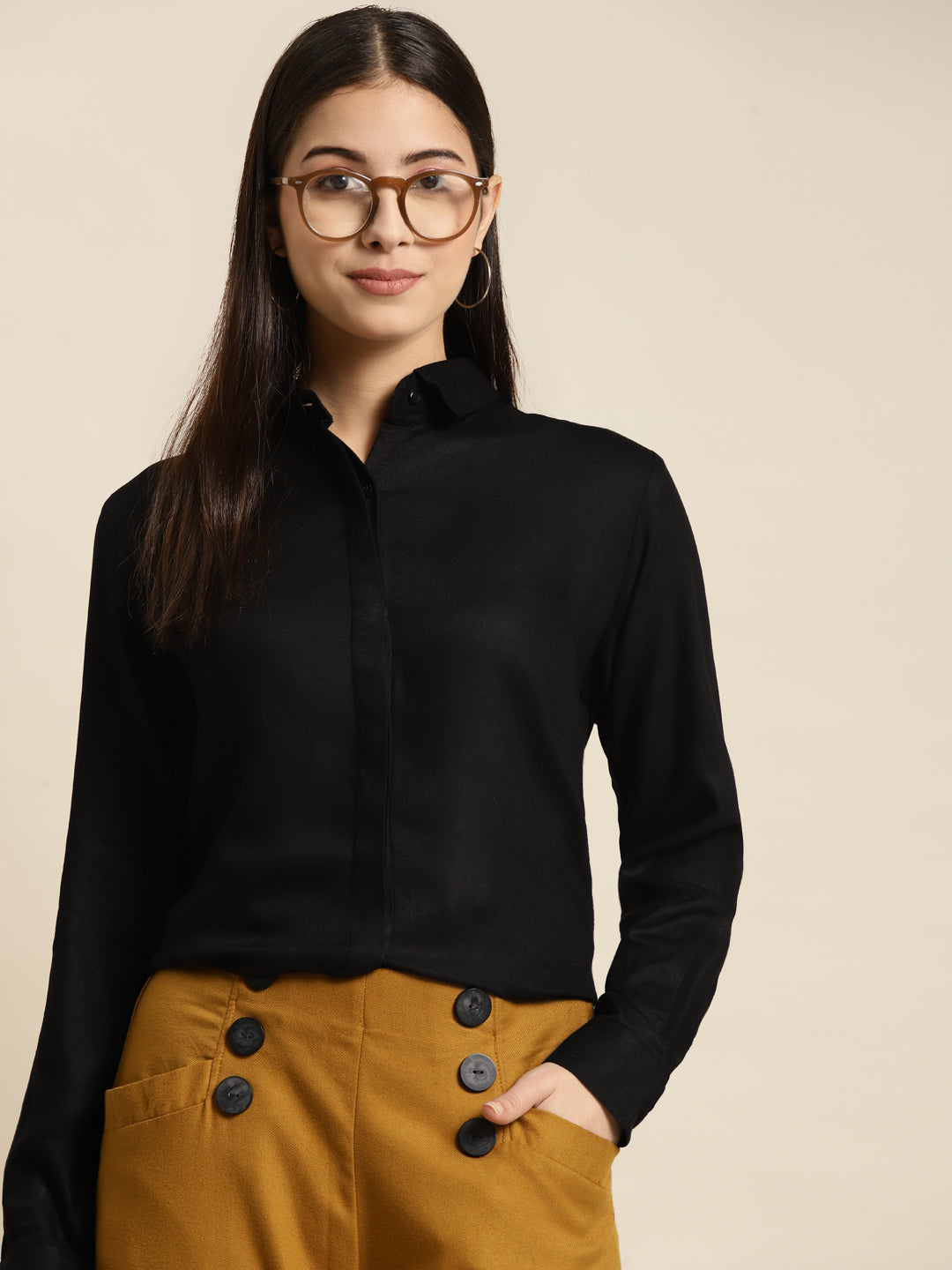 Women Black Solid Viscose Rayon Regular Fit Formal Shirt