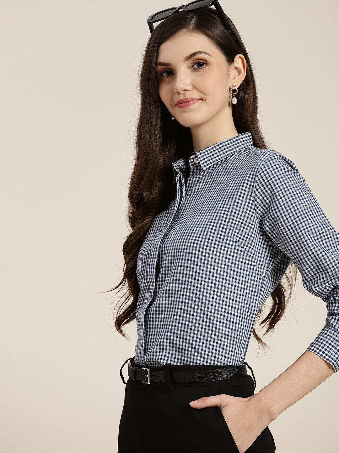Women Navy & White Checked Pure Cotton Regular Fit Formal Shirt